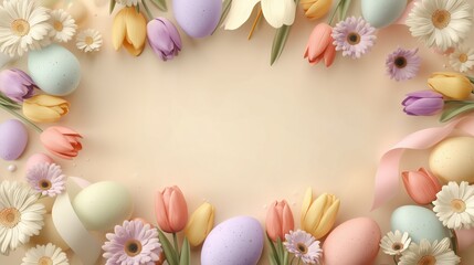 photorealistic top-view Easter sale layout of eggs, spring flowers