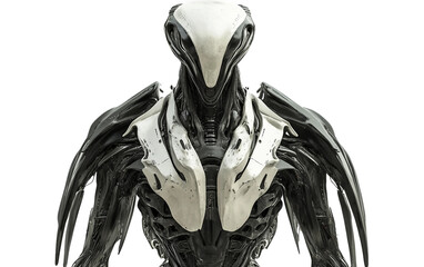 Alien with bird like head and mechanical wings standing in a futuristic sci fi environment