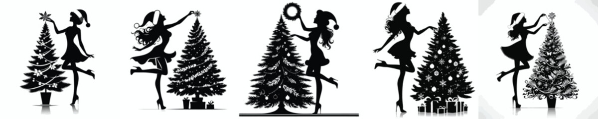 vector silhouette of a woman decorating a Christmas tree