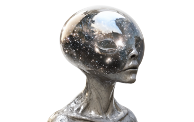 Futuristic extraterrestrial being with transparent star filled head in a high tech glowing laboratory