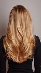 Naklejka premium Luxurious golden blonde hair cascading in soft, layered waves, showcasing a professional salon-styled cut with seamless highlights and natural movement