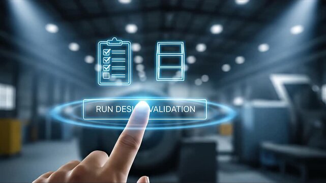 Finger presses run design validation button on futuristic interface with 3D model and checklist