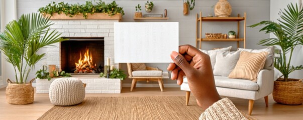 Obraz premium Hand holding a blank white card in a cozy living room with a fireplace and plants