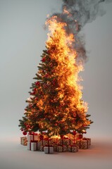Dramatic image of a Christmas tree engulfed in flames in an indoor setting, against a white background. Captures the danger and intensity of a holiday-related fire hazard