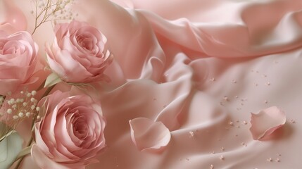 photorealistic minimal Valentine top-view layout of light pink fabric and roses