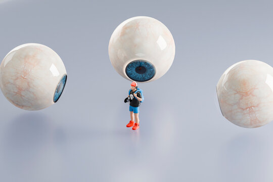 Toy figure under giant eyeballs in surreal 3D setting