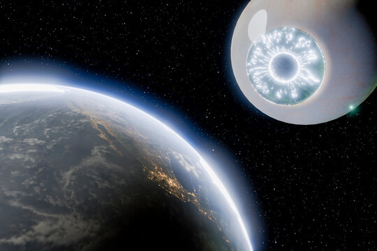 Giant 3D eyeball overlooking planet Earth from outer space