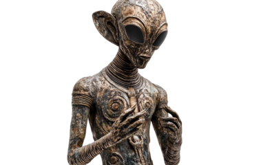 Futuristic extraterrestrial god sculpture with aged details in a glowing high tech laboratory