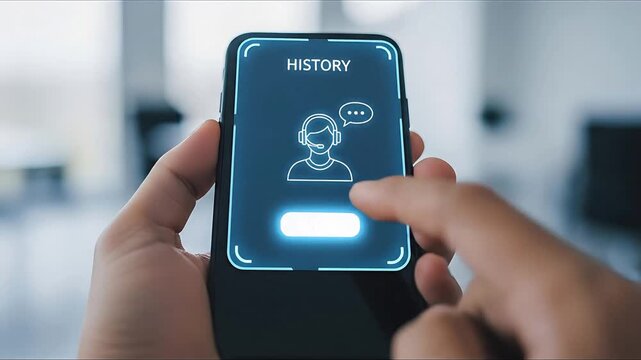 Hand pressing submit button on smartphone screen displaying customer support headset icon and
