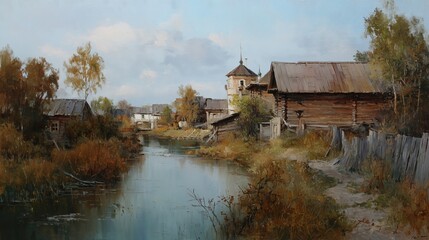 Painting of rural landscape of Slavic area