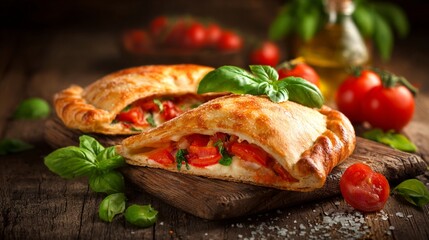 Delicious freshly baked calzones filled with ripe tomatoes, cheese, and basil, styled beautifully on a rustic wooden board, perfect for food photography lovers and culinary enthusiasts.