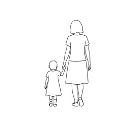 Mother holding hands with her small child, viewed from behind, simple line drawing.
