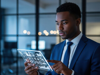 Businessman using futuristic tablet with data analysis interface in office