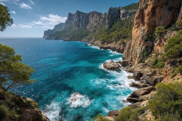 Serene coastal landscape with vibrant blue sea, rocky shores, towering cliffs adorned with greenery, and gentle waves crashing against stones under a picturesque sky, evoking nature's tranquility