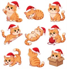 Set of nine cute ginger tabby kittens wearing Santa hats in various playful poses isolated on white background