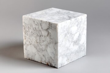 Smooth marble cube with elegant veining, solid form, and neutral gray background highlighting its texture and color, perfect for luxury design and architectural themes