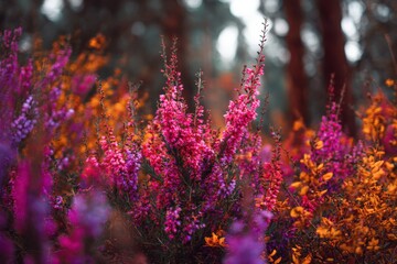 Vibrant blooms in shades of purple, pink, and orange thriving amidst lush greenery, showcasing nature's beauty with a lively atmosphere and rich visual appeal for floral enthusiasts