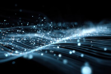 Abstract Blue and Black Waves with Glowing Dots Creating a Dynamic Motion Effect and Depth in a Dark Mysterious Background for Technology and Modern Design Themes