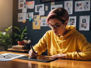 Young woman working on a graphic tablet in a creative office space