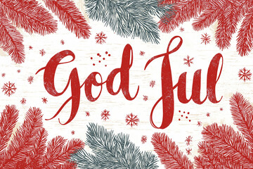 Festive Scandinavian Christmas greeting card with text "God Jul". Cozy Nordic style, red white palette,
 snowflakes, pine branches, minimalist Scandinavian design, warm holiday mood, clean composition