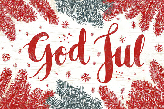 Festive Scandinavian Christmas greeting card with text "God Jul". Cozy Nordic style, red white palette,
 snowflakes, pine branches, minimalist Scandinavian design, warm holiday mood, clean composition