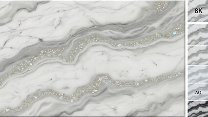 Sophisticated white marble pattern featuring delicate grey veining and sparkling silver glitter, perfect for opulent and luxurious design backdrops