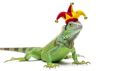 Fototapeta premium iguana wearing a jester hat, joker, entertainer, on a white background, animal photo