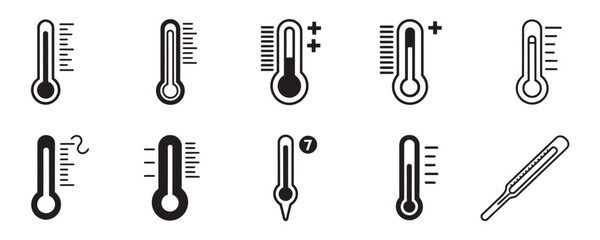 Collection of diverse black and white thermometer icons showing various temperature readings and climate conditions