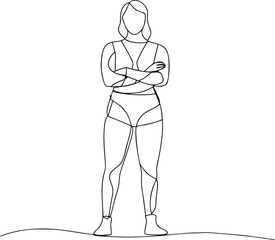 Confident strong woman standing with arms crossed in a minimalist continuous oneline art style illustration drawing