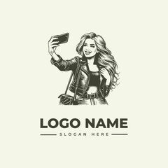 Obraz premium Selfie Taking Woman Vector Illustration Logo Design Engraving Style Lifestyle Concept