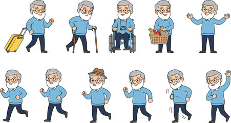 Cute elderly man character set displaying various daily activities such as traveling, walking, shopping, exercising, running, and expressing emotions in a cheerful lifestyle