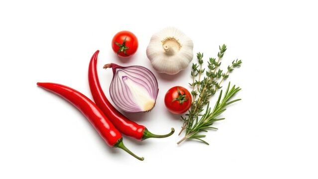Fresh red chili peppers onion garlic tomatoes and herbs arranged on a white background