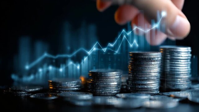 Ultra HD Financial growth concept hand stacking coins with a glowing stock market graph showing upward trend, representing investment, savings, and business success video