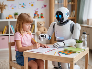 Little girl doing homework with a robot assistant