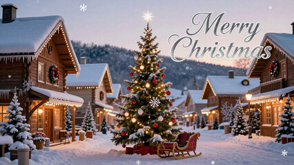 Ein weihnachtlich geschmücktes Dorf im Schnee, Ein Christbaum steht mitten auf dem Platz, davor ein schöner Schlitten, frohe Weihnachtsgrüße stehen oben an der Ecke