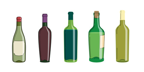 Sort od different wine bottles in flat minimalistic modern style. Best for restaurant wine menu designs. Vector illustrations collection.