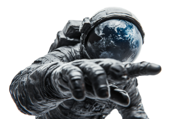 Futuristic space traveler drifting near Earth while extending a hand toward the blue planet