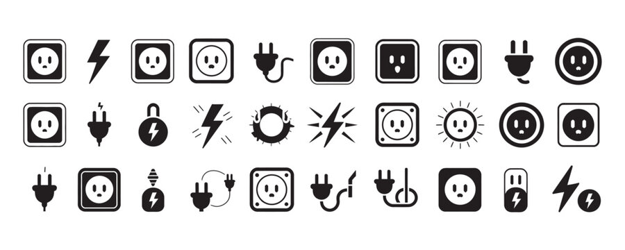 Stunning collection of modern black and white electricity plug and socket icons for tech design projects