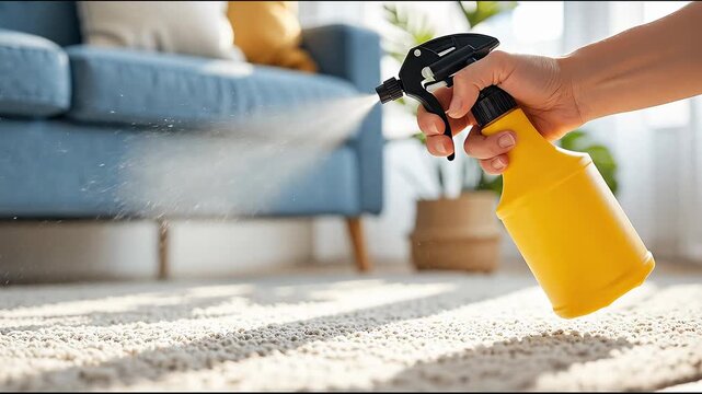 close up of a hand using a yellow spray bottle to mist cleaning solution onto a carpet during home cleaning and stain treatment