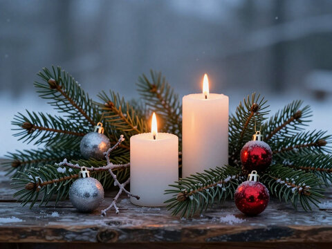 Adventliche Dekoration mit zwei wei&szlig;en Kerzen, Christbaumkugeln und Tannenzweigen auf einem Holztisch
