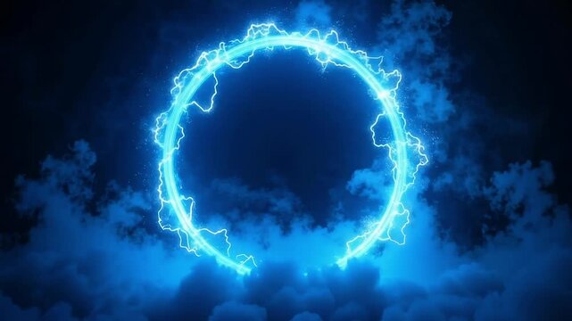 Stunning vibrant blue energy ring crackling with electric power above dark mysterious clouds