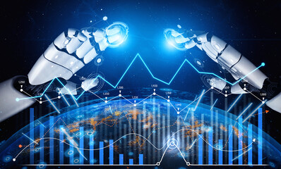 A visually stunning depiction of futuristic robots engaging with digital data trends against a cosmic backdrop, highlighting innovation and advanced technology in analysis. Scalp