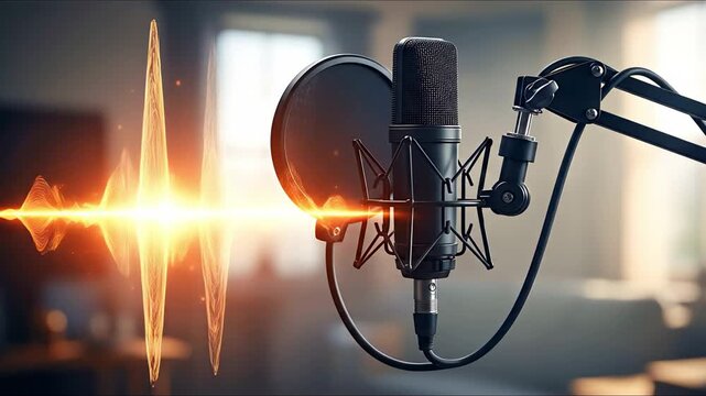 Professional condenser microphone with vibrant sound wave visualization in studio setting