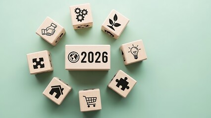 Scattered wooden blocks with various symbols and the year 2026 on a teal background