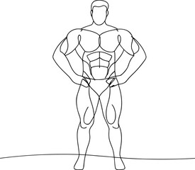 Continuous line drawing of a muscular strong man bodybuilder showing off his powerful athletic physique on transparent background