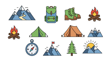Vibrant camping icons set for adventure and outdoor activities