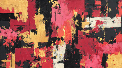 abstract expressionist artwork with bold strokes of crimson, gold, and black, chaotic yet balanced composition, textured canvas feel