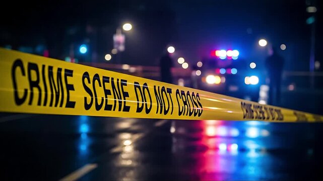 Yellow Crime Scene Do Not Cross Tape Barrier at Night with Blurry Police Car Lights