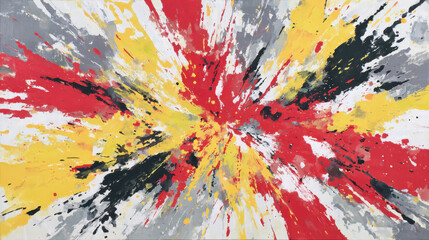 dynamic action painting with splashes of red, yellow, and gray, capturing the energy of creation, canvas texture visible