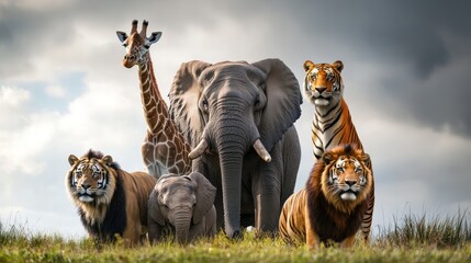 Wild animals elephant, giraffe, lions, tiger, young elephant on grassy hill
